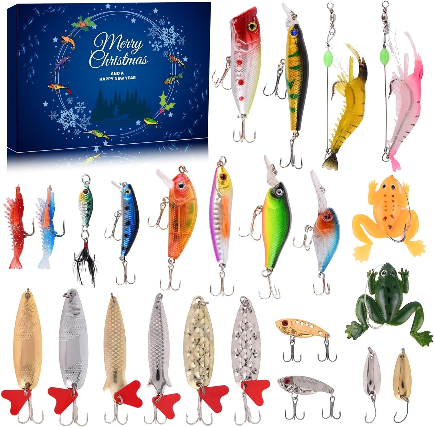 Image depicting an array of 25 colorful fishing lures neatly displayed in the Tackle Box Advent Calendar, with a cheerful 'Merry Christmas' message printed on the box.